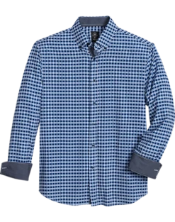 Michael Strahan Modern Fit Button-Down Collar Four-Way Stretch Sport Shirt, Medium Blue Geo Check