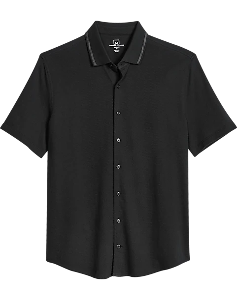 Michael Strahan Modern Fit Popcorn Stitch Short Sport Shirt, Black -Men Clothing Store MW40 6NCV 02 MICHAEL STRAHAN BLACK MAIN
