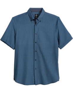 Michael Strahan Modern Fit Short Sleeve Sport Shirt, Navy Check 3-D Check